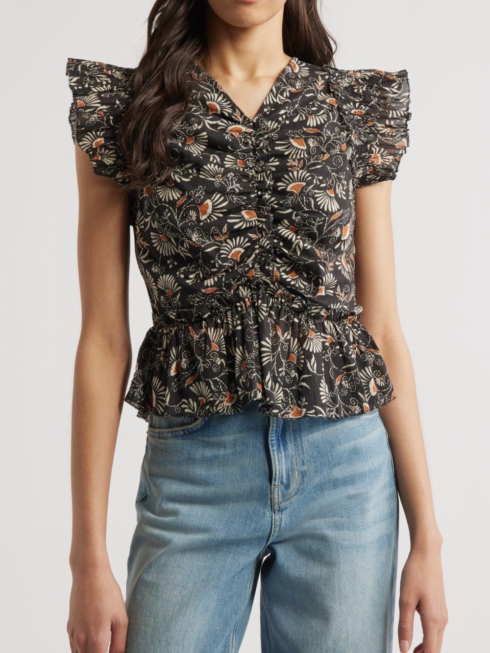 Rails Cali Cassia Floral Ruffle Sleeve Top in Black Medium NWT